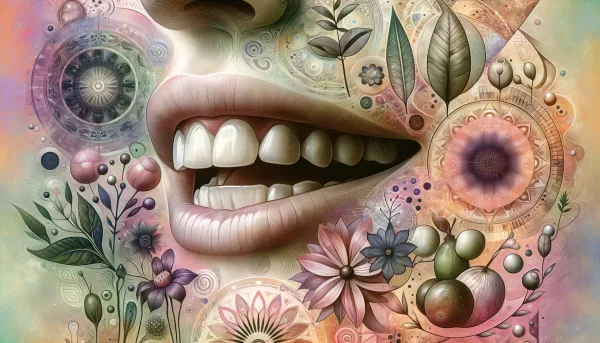 a picture of female mouth with herbs and flowers in abstract style.